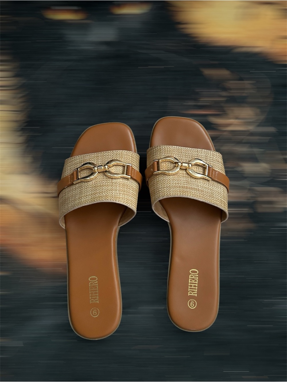 Rifero Tan Raffia Slide with Gold Chain Accent